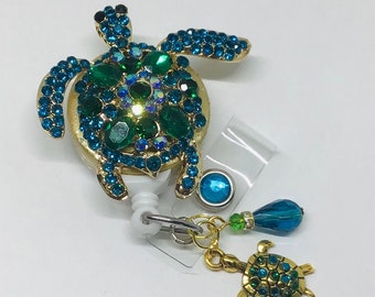 Turtle, Teal-Green Rhinestone; Retractable Badge Holder Nurse, Retractable Reel, ID Badge Reel ID Badge Clip Badge Lanyard Bling Badge Reel