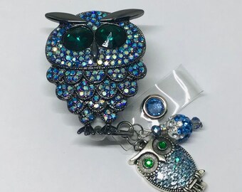 Owl Bird Faux Turquoise Jewel Drop Bead ID Badge Name Tag Key Card Holder Reel Owl Bird Faux Turquoise Jewel Drop Bead ID Badge Name Tag Key Card Holder Reel