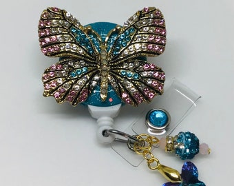 Pink-Clear-Teal Butterfly; Retractable Badge Holder Nurse, Retractable Reel, ID Badge Reel, ID Badge Clip, Badge Lanyard, Bling Badge Reel