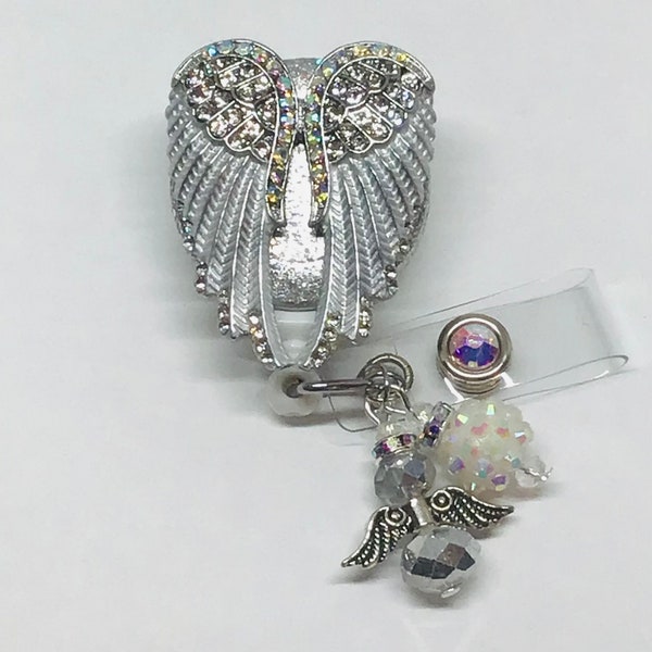 Angel Wings, Silver Bling,Retractable Badge Holder Nurse, Retractable Reel, ID Badge Reel Badge ID Badge Clip Badge Lanyard Bling Badge Reel