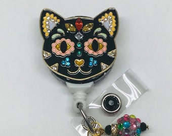 Cat Face, Multicolored, Retractable Badge Holder Nurse Retractable Reel ID Badge Reel Badge ID Badge Clip Badge Lanyard Bling Badge Reel