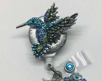 Hummingbird-Multi Blue; Retractable Badge Holder Nurse Retractable Reel ID Badge Reel Badge ID Badge Clip Badge Lanyard Bling Badge Reel