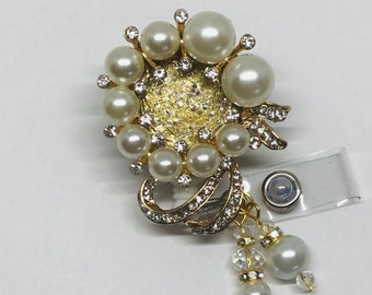 Pearls-Gold Rhinestone Wreath, Retractable Badge Holder Nurse Retractable Reel, ID Badge Reel, ID Badge Clip Badge Lanyard Bling Badge Reel