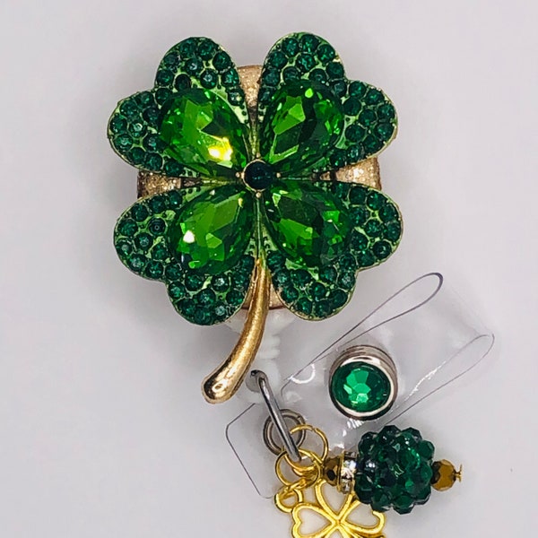 Shamrock, Four Leaf Clover, Retractable Badge Holder Nurse Retractable Reel ID Badge Reel  ID Badge Clip Badge Lanyard Bling Badge Reel