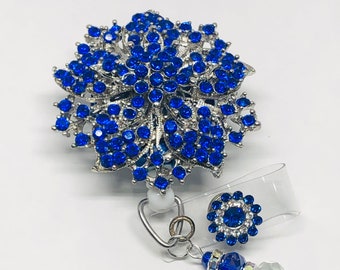 Brilliant Blue Flower Retractable Badge Holder Nurse Retractable Reel ID Badge Reel Badge Buddy ID Badge Clip Badge Lanyard Bling Badge Reel