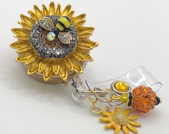 Sunflower with Bee, Retractable Badge Holder Nurse Retractable Reel ID Badge Reel Badge Buddy ID Badge Clip Badge Lanyard Bling Badge Reel