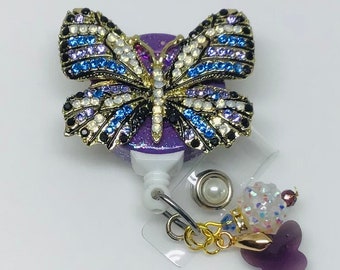 Lavender Rhinestone Butterfly, Retractable Badge Holder Nurse Retractable Reel, ID Badge Reel, ID Badge Clip Badge Lanyard, Bling Badge Reel