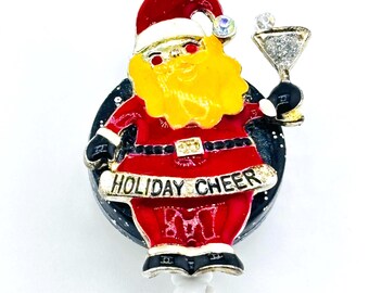 Holiday Cheer Santa Christmas Holiday, Retractable Badge Reel, Bling Badge Holder, ID Clip