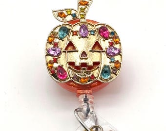 Rhinestone Pumpkin, Retractable Badge Reel, Bling Badge Holder, ID Clip
