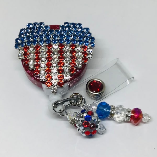 Red White Blue Patriotic Heart; Retractable Badge Holder Nurse, Retractable Reel, ID Badge Reel ID Badge Clip Badge Lanyard Bling Badge Reel