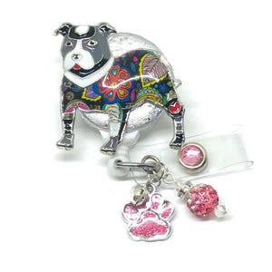 Gray Pit Bull Dog, Retractable Badge Holder Nurse, Retractable Reel, ID Badge Reel Badge Buddy ID Badge Clip Badge Lanyard Bling Badge Reel