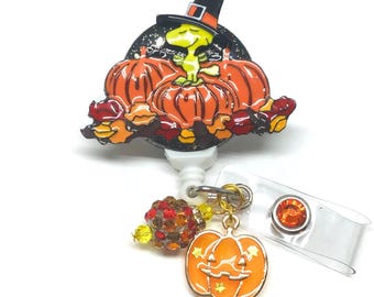 Woodstock Fall Pumpkin Retractable Badge Reel, Nurse, Teacher ID Holder, Badge Clip