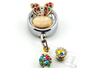 Rhinestone Bunny Retractable Badge Reel - Bling Nurse ID Holder