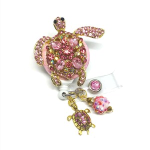 Pink Rhinestone Turtle Retractable Badge Reel: Nurse Teacher Bling ID Holder Badge Clip
