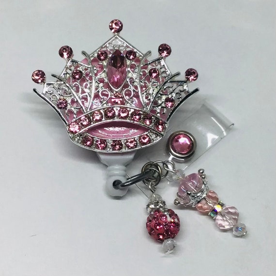 Pink Rhinestone Crown Retractable Badge Holder Nurse Retractable