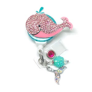 Pink Whale, Beach Retractable Badge Holder Nurse Retractable Reel ID Badge Reel Badge Buddy ID Badge Clip Badge Lanyard Bling Badge Reel