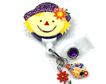 Sparkly Scarecrow Retractable Badge Reel, Fall Nurse, Teacher ID Holder