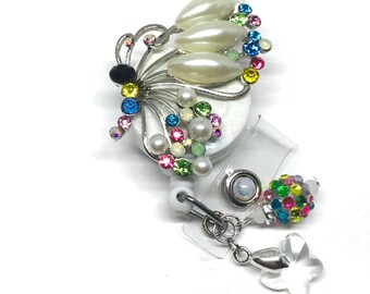 Bobine de badge rétractable papillon strass arc-en-ciel bling, support d'identification bling