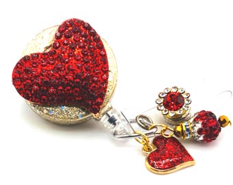 Rot Strass Herz einziehbare Badge Reel - Krankenschwester, Lehrer Bling ID Inhaber