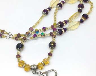 Lila & Gold Perlen Lanyard, Breakaway ID Ausweishalter