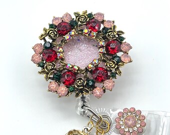 Rhinestone Wreath, Retractable Badge Reel, ID Badge Clip, Bling Badge Reel