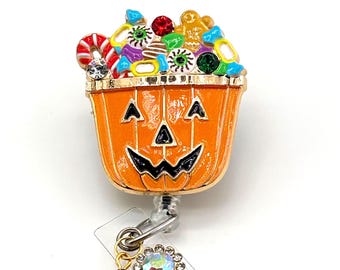 Holiday Pumpkin, Retractable Badge Reel, Bling Badge Holder, ID Clip