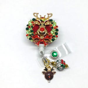 Reindeer Christmas Wreath,  Retractable Badge Holder Nurse, Retractable Reel, ID Badge Reel ID Badge Clip Badge Lanyard Bling Badge Reel
