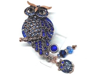 Royal Rhinestone Studded Owl; Retractable Badge Holder Nurse, Retractable Reel, ID Badge Reel  ID Badge Clip Badge Lanyard Bling Badge Reel
