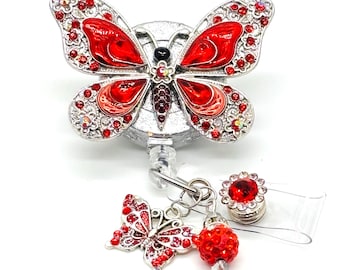 Bobine de badge rétractable papillon strass rouge, infirmière, enseignant, porte-carte d'identité bling
