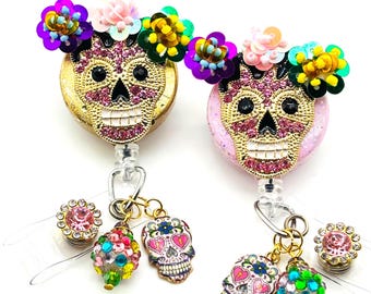 Halloween Schädel einziehbare Abzeichen Reel, Tag der Toten Bling ID-Halter