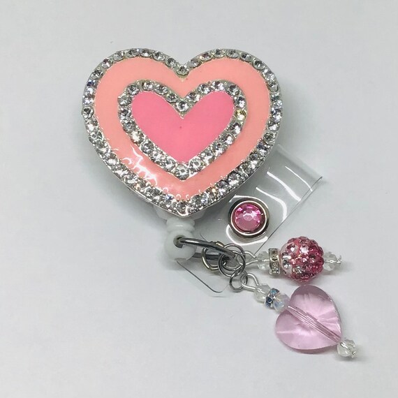 Pink Rhinestone Heart Retractable Badge Holder Nurse Retractable