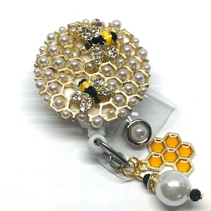 Pearls-Bees Honeycomb, Retractable Badge Holder Nurse Retractable Reel ID Badge Reel ID Badge Clip Badge Lanyard Bling Badge Reel