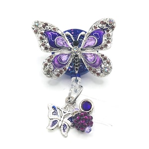 Purple-Silver Butterfly, Retractable Badge Holder Nurse, Retractable Reel, ID Badge Reel, ID Badge Clip, Badge Lanyard, Bling Badge Reel