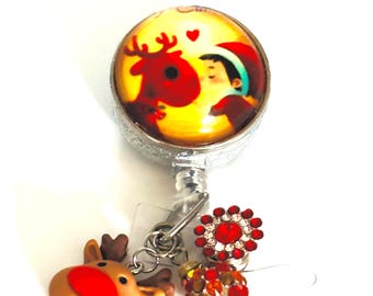 Child Kissing a Reindeer, Holiday Retractable Badge Reel, Christmas ID Holder