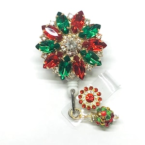 Christmas Flower Retractable Badge Reel: Rhinestone Nurse Teacher Bling ID Holder Badge Clip