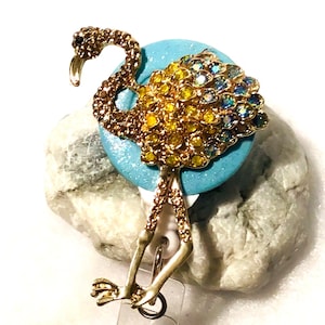 Flamingo, Blue-Yellow RhinestoneRetractable Badge Holder Nurse Retractable Reel, ID Badge Reel ID Badge Clip Badge Lanyard Bling Badge Reel