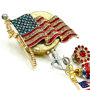 Patriotic American Flag; Retractable Badge Holder Nurse, Retractable Badge Reel, Badge Buddy, Badge Holder, ID Badge Clip, Bling Badge Reel