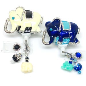 White or Blue Elephant, Retractable Badge Holder Nurse Retractable Reel ID Badge Reel Badge ID Badge Clip Badge Lanyard Bling Badge Reel