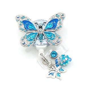 Blue Rhinestone Butterfly; Retractable Badge Holder Nurse Retractable Reel ID Badge Reel, ID Badge Clip, Badge Lanyard, Bling Badge Reel