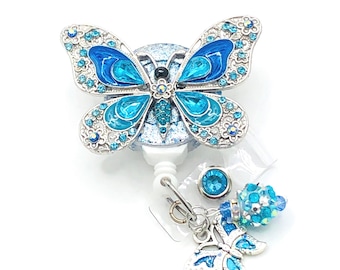 Blue Rhinestone Butterfly; Retractable Badge Holder Nurse Retractable Reel ID Badge Reel, ID Badge Clip, Badge Lanyard, Bling Badge Reel
