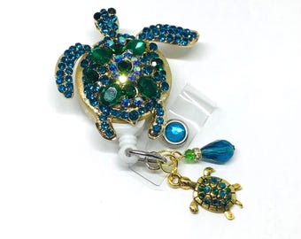 Teal Rhinestone Turtle Retractable Badge Reel, Bling ID Holder