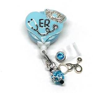ER Nurse-Heart; , Retractable Badge Holder Nurse, Retractable Reel, ID Badge Reel, Badge Buddy ID Badge Clip Badge Lanyard, Bling Badge Reel