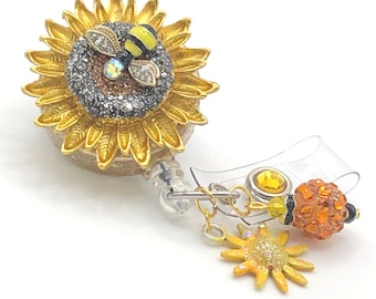 Sunflower with Bee, Retractable Badge Holder Nurse Retractable Reel ID Badge Reel Badge Buddy ID Badge Clip Badge Lanyard Bling Badge Reel