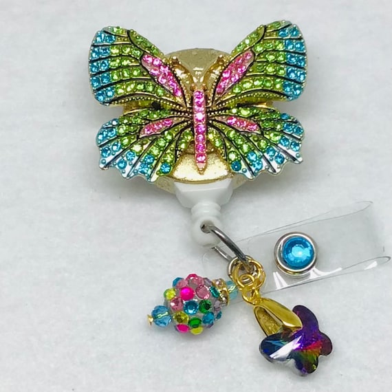 Multi Color Rhinestone Butterfly, Retractable Badge Holder Nurse Retractable Reel ID Badge Reel ID Badge Clip Badge Lanyard Bling Badge Reel