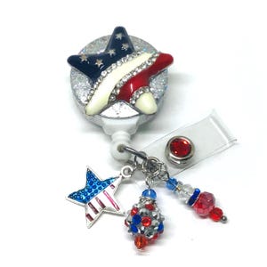 Patriotic Star, Retractable Badge Holder Nurse, Retractable Reel, ID Badge Reel, Badge Buddy, ID Badge Clip Badge Lanyard, Bling Badge Reel