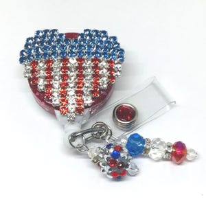 Patriotic Rhinestone Heart, Retractable Badge Reel, Bling ID Holder