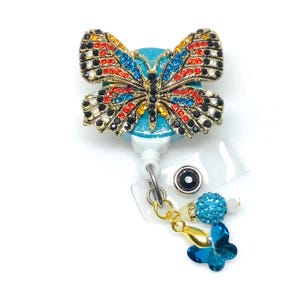 Rot-Blauer Strass Schmetterling; Einziehbarer Ausweishalter Krankenschwester, einziehbare Rolle, Ausweisrolle ID Badge Clip Badge Lanyard Bling Ausweisrolle