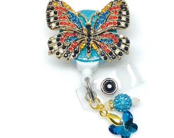 Bobine de badge rétractable papillon strass, support d'identification bling