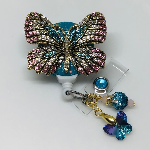 Pink-clear-teal Butterfly Retractable Badge Holder Nurse, Retractable Reel, ID  Badge Reel, ID Badge Clip, Badge Lanyard, Bling Badge Reel 