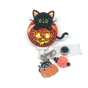 Black Cat Pumpkin Halloween Rhinestone Retractable Badge Reel, Nurse Teacher ID Holder, Bling Badge Lanyard